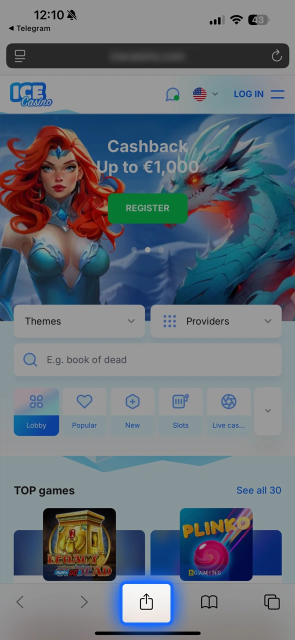 Tap share and continue setup with Ice Casino.