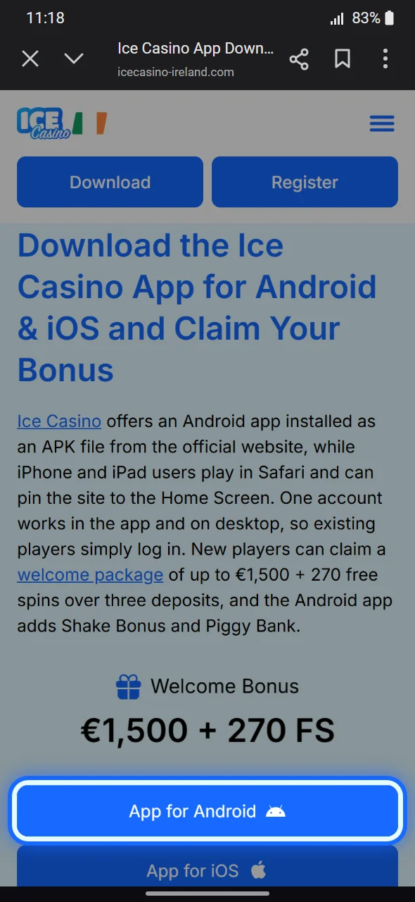 App for Android button on the Ice Casino app page in Chrome