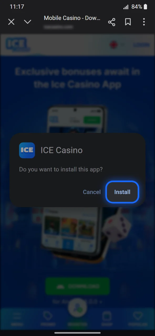 Android prompt to install the Ice Casino APK with the Install button