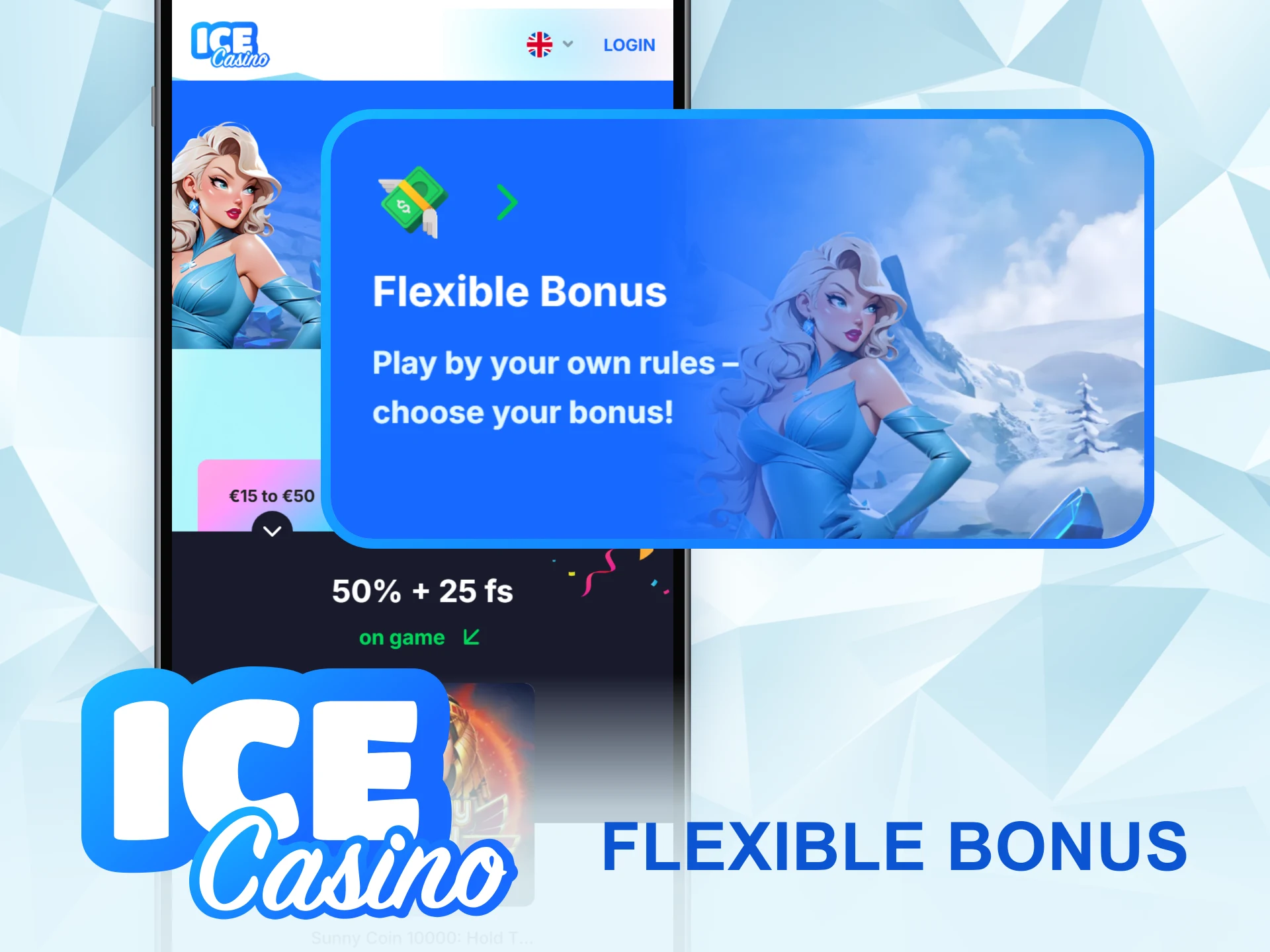 Ice Casino Flexible Bonus page on mobile with the €15 to €50 level and the Flexible Bonus promo card