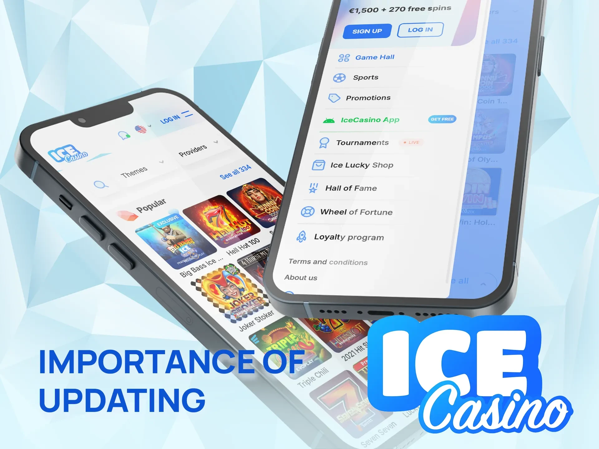 Ice Casino lobby and mobile menu with the IceCasino App item on two phones