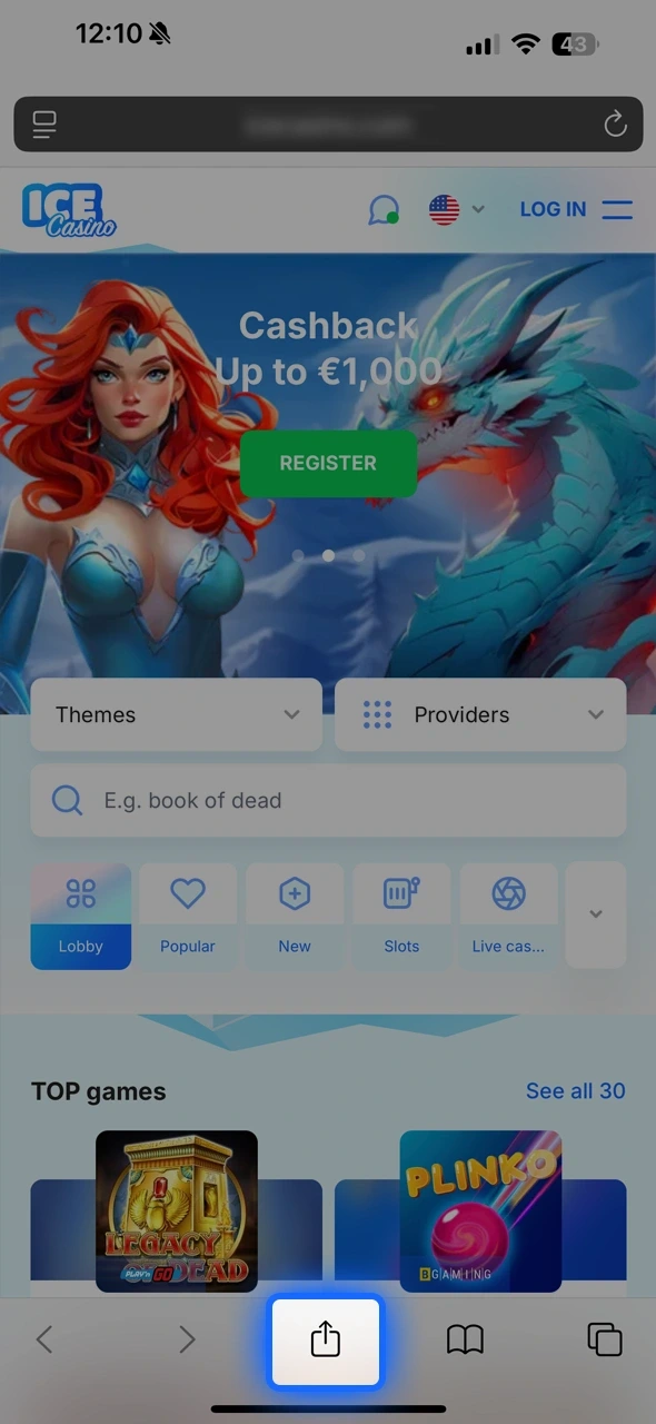 Share button in Safari on the Ice Casino home page