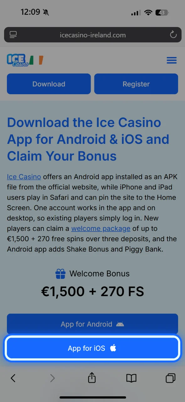 App for iOS button on the Ice Casino app page in Safari