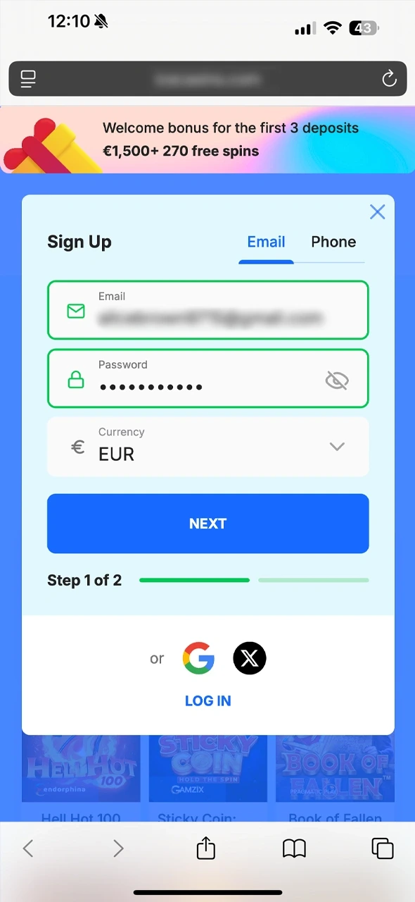 Ice Casino sign-up form with e-mail, password and EUR currency in Safari